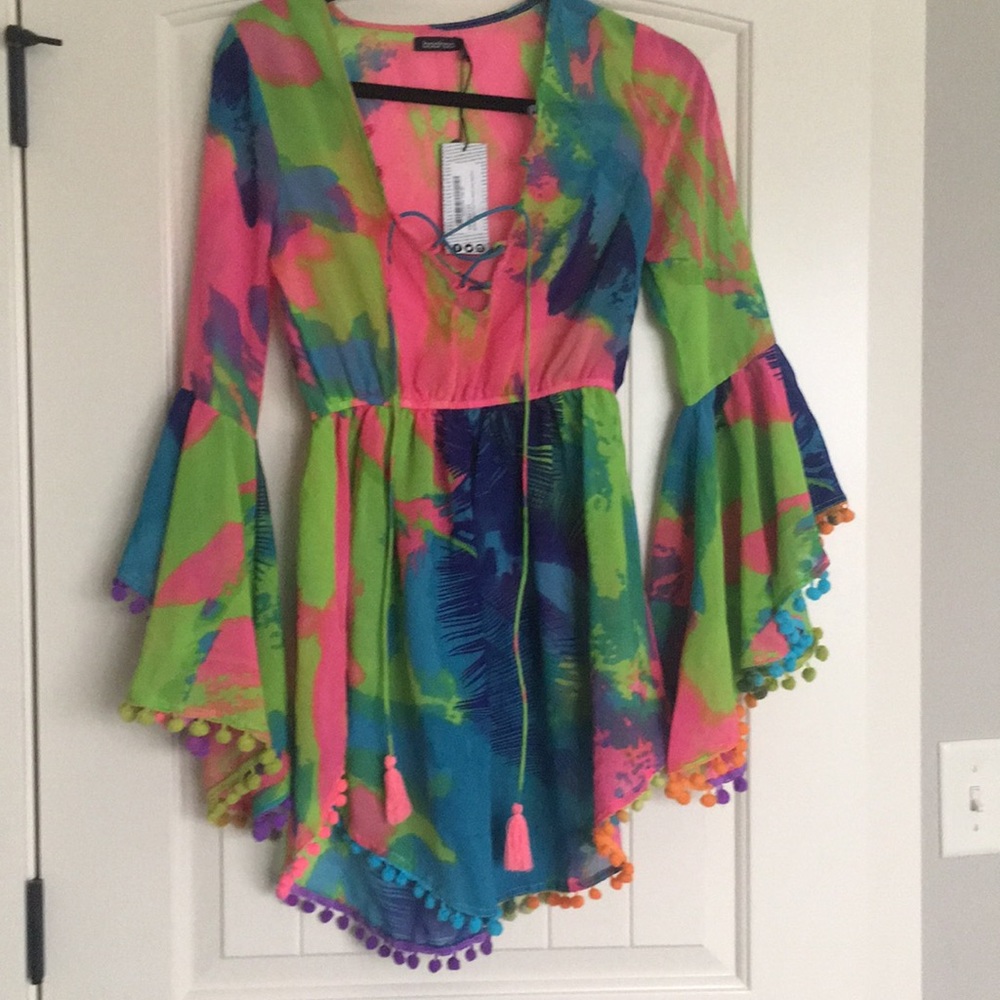 Boohoo Pom Pom Beach cover up pink neon dress
